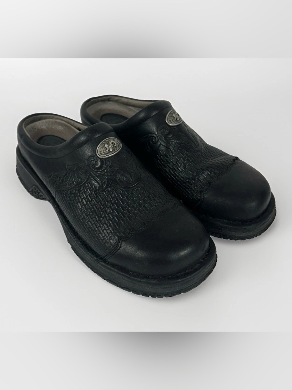 Rocky Women 7 MW Black Leather Western Clogs Tooled Concho Cowboy Comfort Shoes
